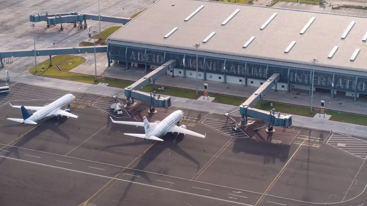 Terminal d'aéroport vu du ciel, métaphore du tri immunitaire intestinal